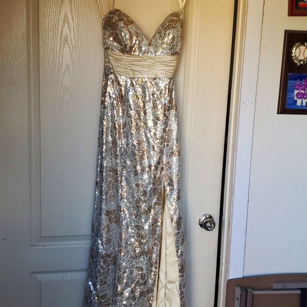 Evening dress, sequins, size 4, silver and gold
